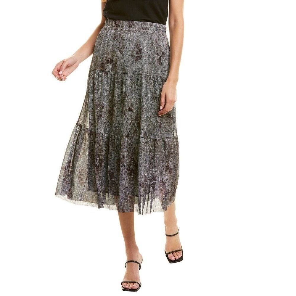 ba&sh Land Metallic Lurex Tiered Boho Midi Skirt Black Silver NWT M Glam Disco